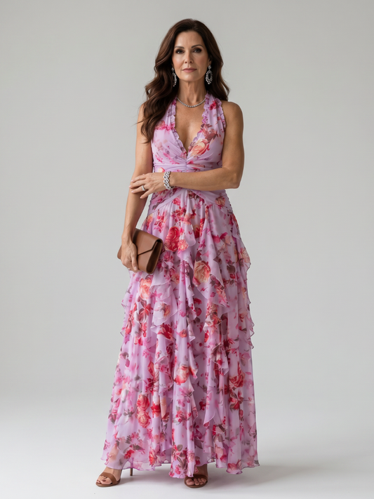 Nori | Vestido Maxi Floral con Escote Halter y Fruncido