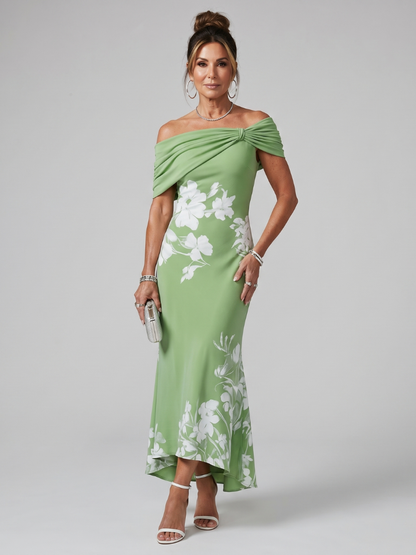 Cosma | Vestido Midi con Escote Bardot y Drapado Elegante