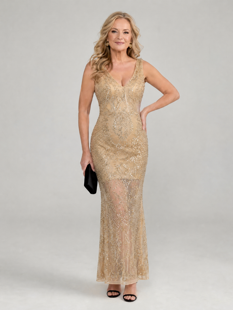 Sirea | Vestido Midi de Lentejuelas con Paneles Transparentes