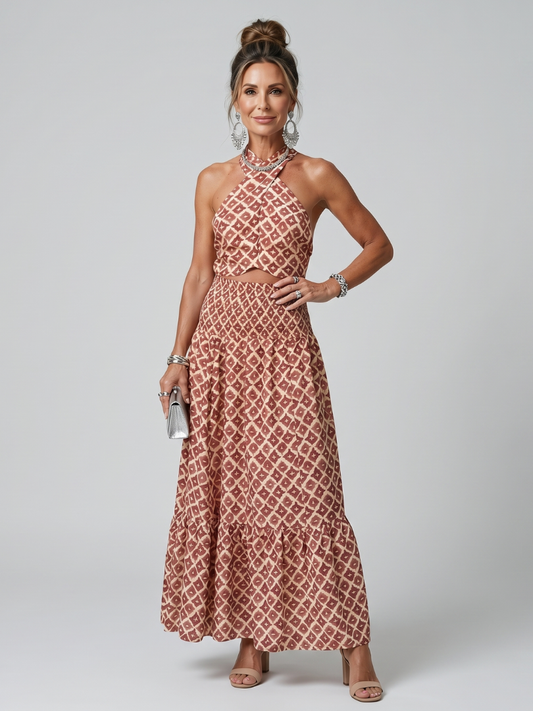 Amira | Vestido Midi con Escote Halter Cruzado y Estampado Geométrico