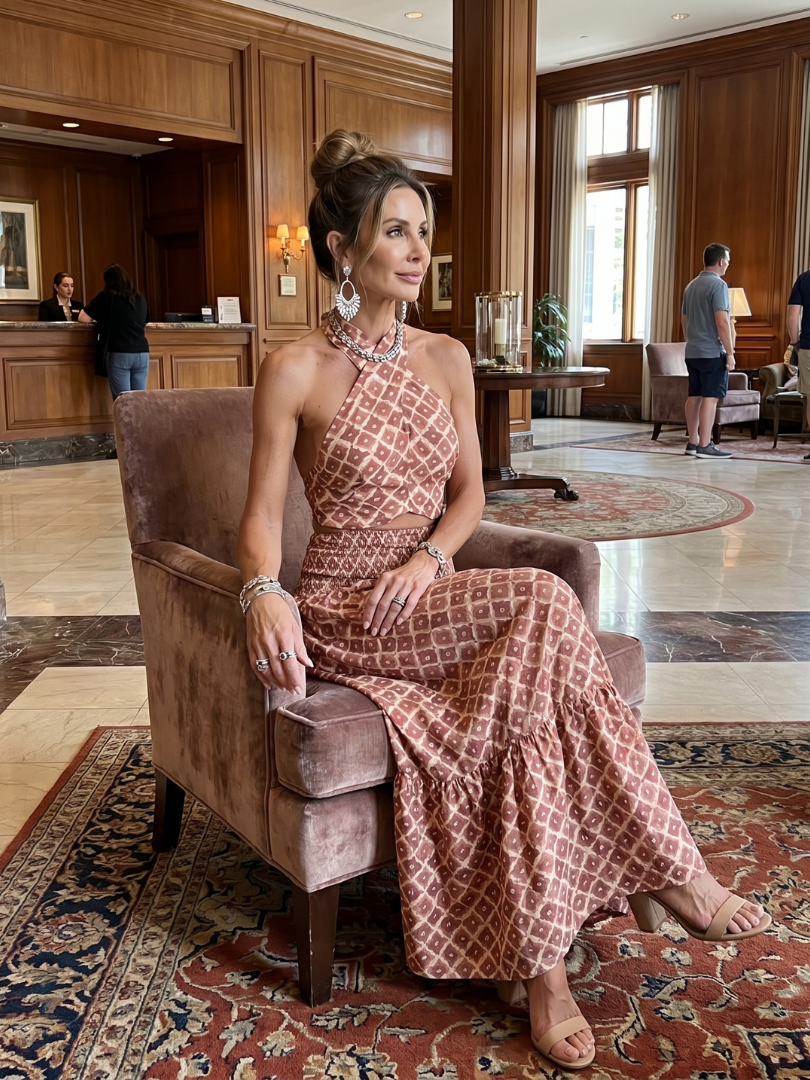 Amira | Vestido Midi Geométrico con Escote Halter Cruzado