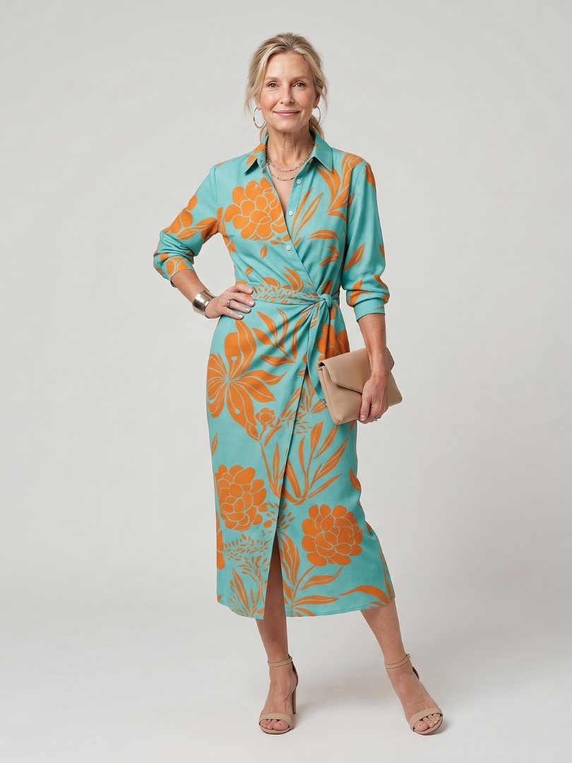 Leya | Vestido Midi Cruzado de Manga Larga con Rayas
