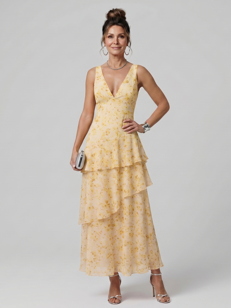 Gala | Vestido Midi sin Mangas con Escote en V y Estampado Artístico