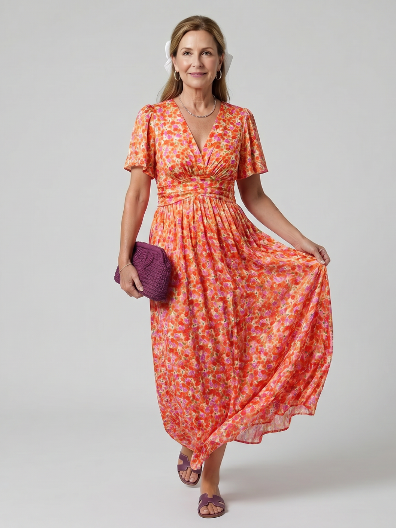 Juna | Vestido Midi Floral de Manga Corta
