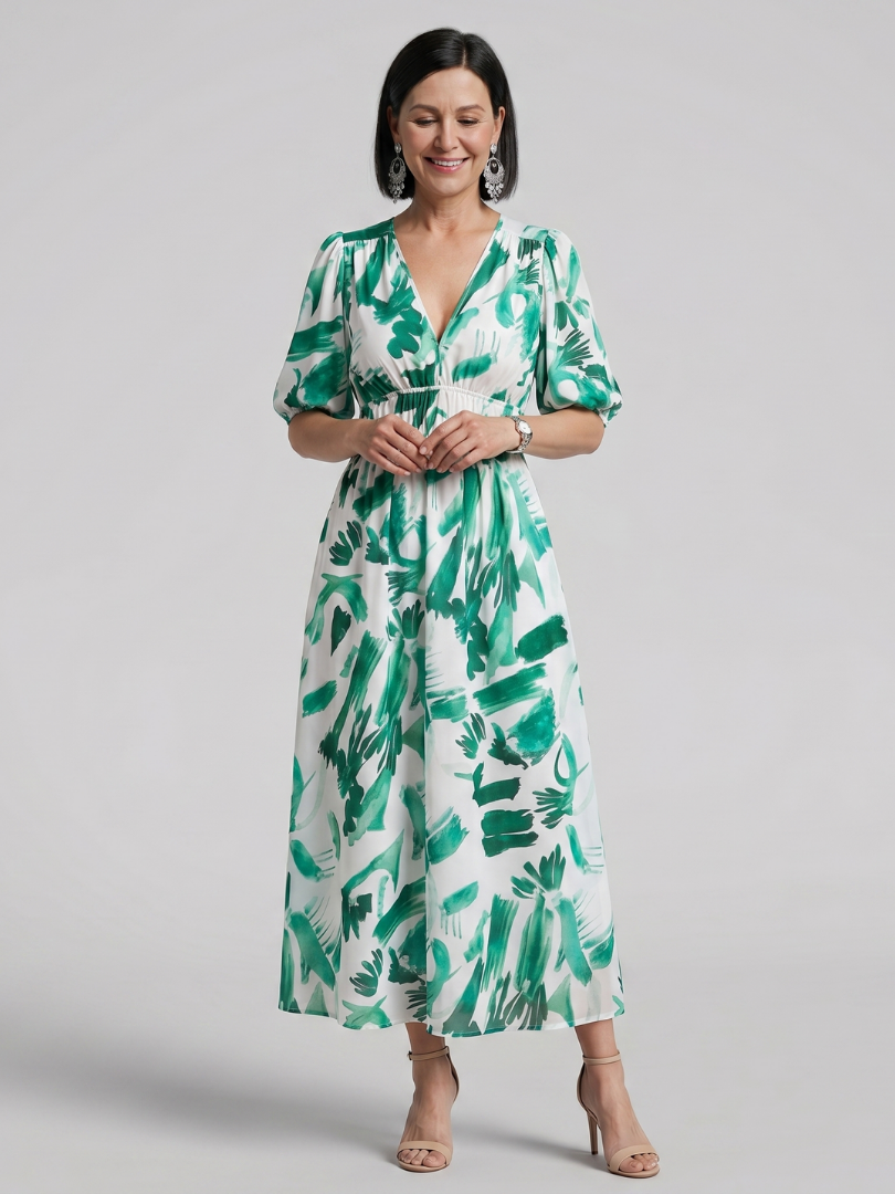 Candlia | Vestido Midi con Mangas Abullonadas y Estampado Abstracto