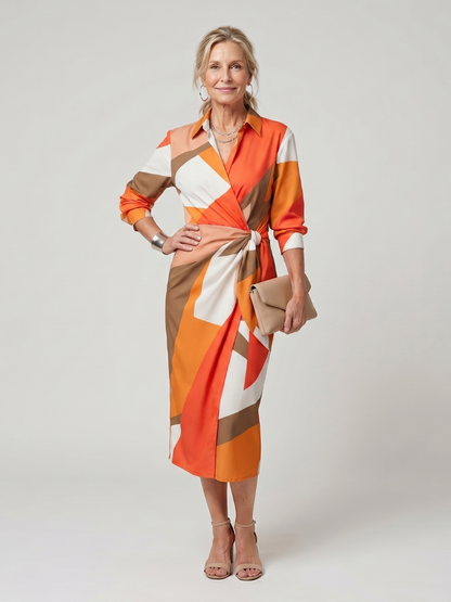 Leya | Vestido Midi Cruzado de Manga Larga con Rayas